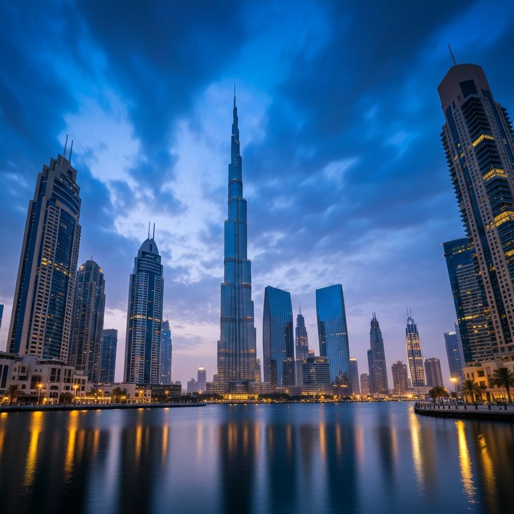 Dubai skyline with Burj Khalifa at blue hour