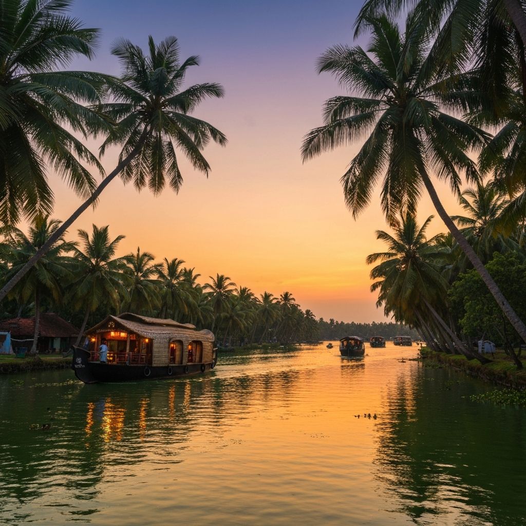 Houseboat on serene Kerala backwaters at sunset