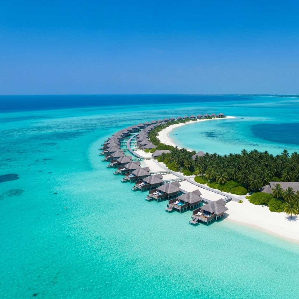Overwater bungalows on a turquoise lagoon in Maldives
