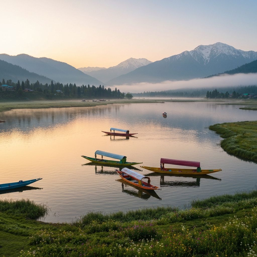 Shikara boat on Dal Lake, Kashmir at golden hour with Himalayan mountains